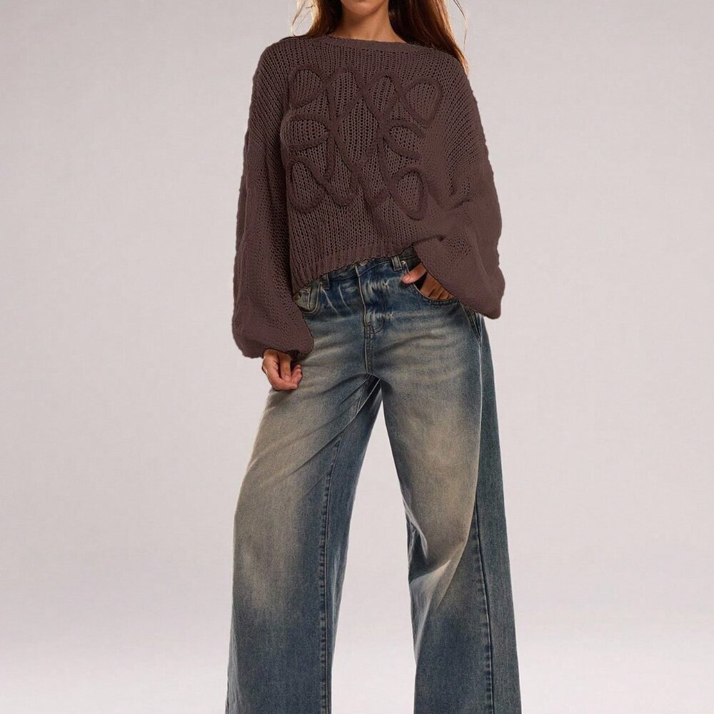 Coffee Brown Casual Women's Loose Lantern Sleeve Sweater - Picture 7 of 7